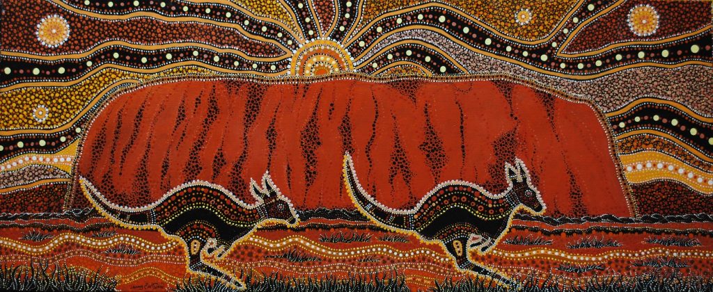Aboriginal-style painting of Uluru and Kangaroos.